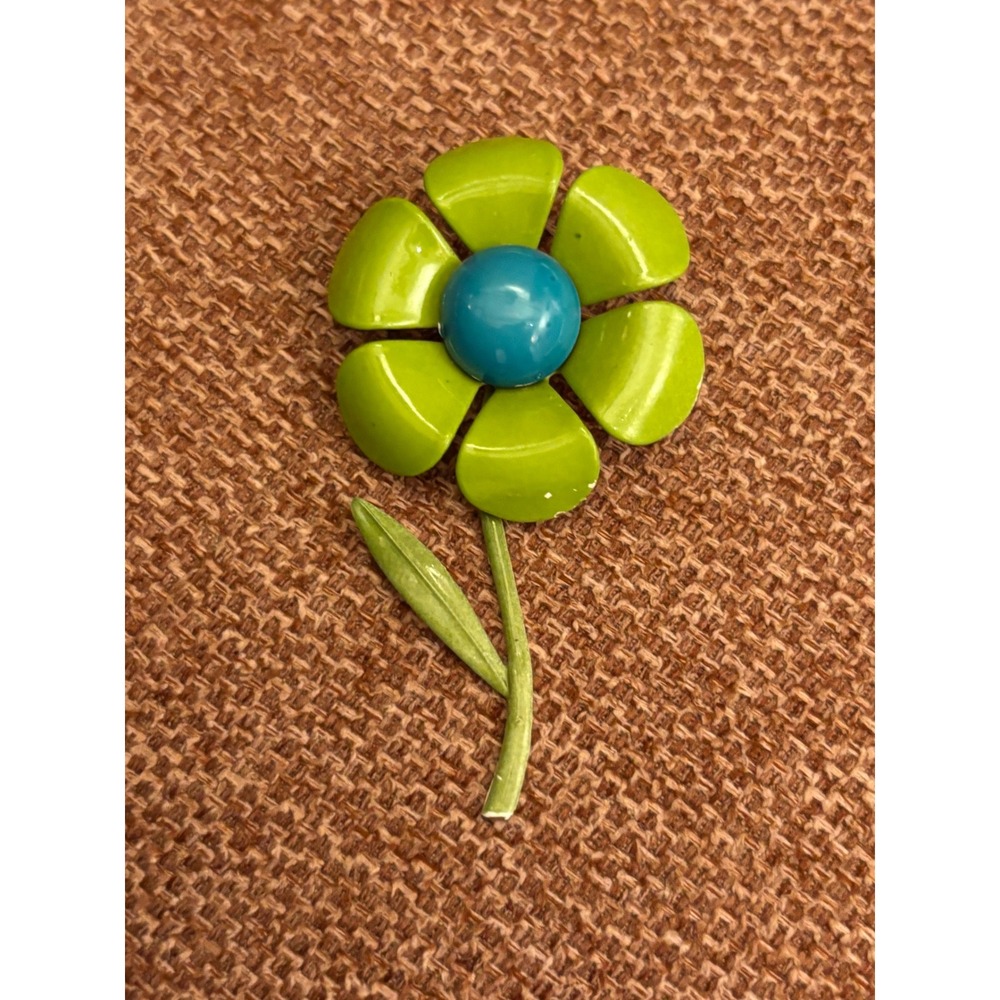 Vintage 60s Enamel Flower Brooch Lime Green Turquoise Blue Floral Pin Retro